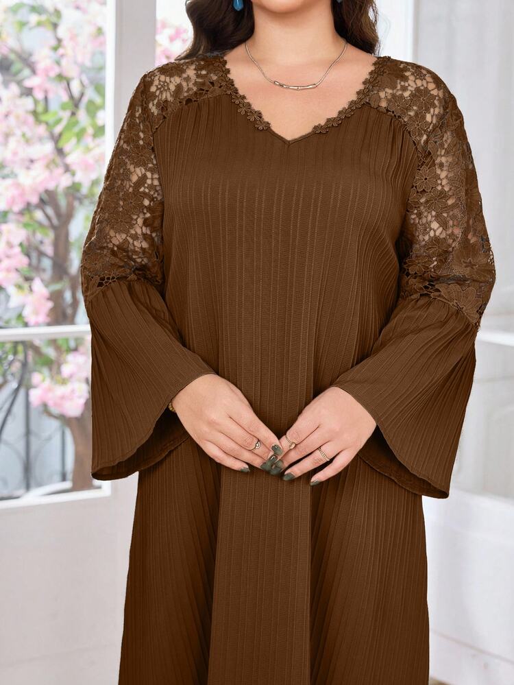 Modelyn Plus Size V-Neck Lace Patchwork Ruffle Hem Long Sleeve Loose Casual Dress, Spring/Summer Fall - Brown - View 5