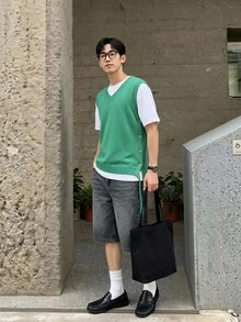 Claim Dot Men's Solid Color V-Neck Knitted Sweater Vest, Casual Back To School - Green - View 1