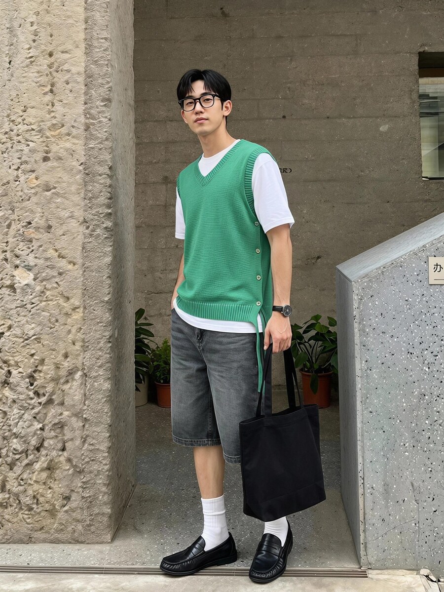 Claim Dot Men's Solid Color V-Neck Knitted Sweater Vest, Casual Back To School - Green - View 1