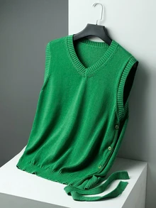 Claim Dot Men's Solid Color V-Neck Knitted Sweater Vest, Casual Back To School - Green - View 3