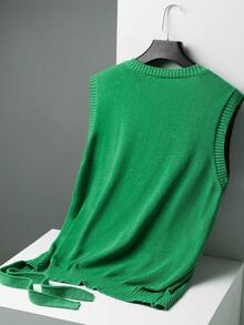 Claim Dot Men's Solid Color V-Neck Knitted Sweater Vest, Casual Back To School - Green - View 2