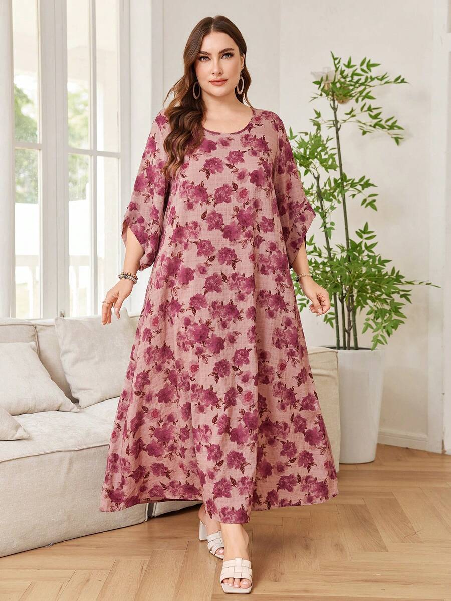 Lacomfia Plus Size Elegant Floral All-Over Print Summer Dress - Purple - View 1
