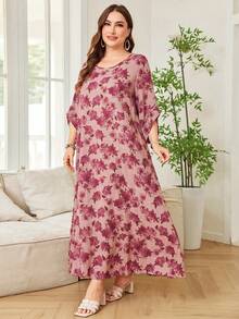 Lacomfia Plus Size Elegant Floral All-Over Print Summer Dress - Purple - View 6