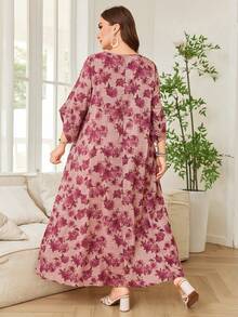 Lacomfia Plus Size Elegant Floral All-Over Print Summer Dress - Purple - View 2