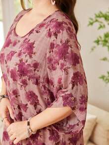 Lacomfia Plus Size Elegant Floral All-Over Print Summer Dress - Purple - View 4