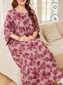 Lacomfia Plus Size Elegant Floral All-Over Print Summer Dress - Purple - View 5