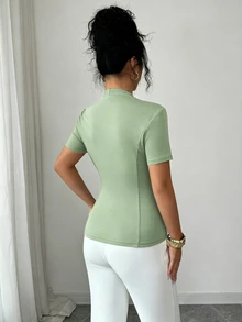 Elenzga Women's Elegant Smart Casual Front Button Fitted T-Shirt Summer Office Sage Green - Green - View 2