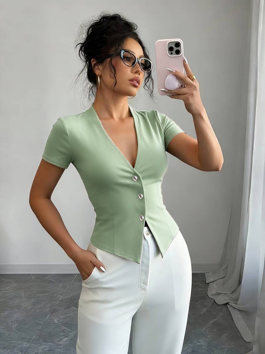 Elenzga Women's Elegant Smart Casual Front Button Fitted T-Shirt Summer Office Sage Green - Green - View 1