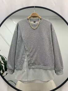 Lacomfia Sweatshirt Wanita Ukuran Besar dengan Potongan Longgar dan Motif Blok Warna Abu-abu, Cocok untuk Acara Kasual Sehari-hari di Musim Semi dan Gugur - Grey - View 3