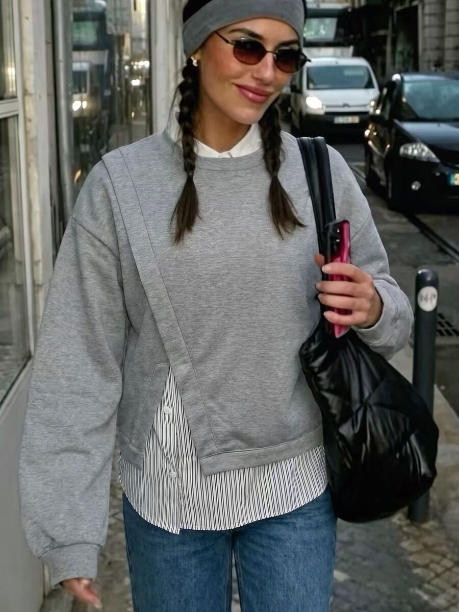 Lacomfia Sweatshirt Wanita Ukuran Besar dengan Potongan Longgar dan Motif Blok Warna Abu-abu, Cocok untuk Acara Kasual Sehari-hari di Musim Semi dan Gugur - Grey - View 1