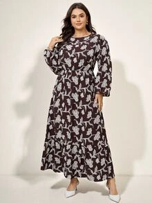Comfylo 大尺碼度假時尚花卉印花長袖洋裝 秋季早午餐派對 棕色優雅星空風 - 棕色 - 查看 1