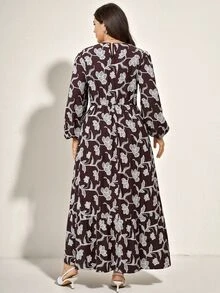 Comfylo 大尺碼度假時尚花卉印花長袖洋裝 秋季早午餐派對 棕色優雅星空風 - 棕色 - 查看 2