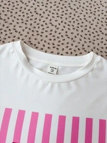 SHEIN RKIDS 青少年女孩紅白色條紋圓領長袖上衣與長褲 2 件套居家服套裝，舒適睡衣，秋冬節慶穿搭，新年裝 - 紅白色 - 查看 7