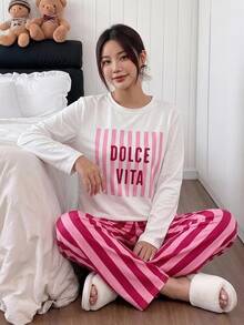 SHEIN RKIDS 青少年女孩紅白色條紋圓領長袖上衣與長褲 2 件套居家服套裝，舒適睡衣，秋冬節慶穿搭，新年裝 - 紅白色 - 查看 4