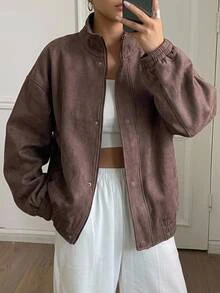 DAZY Solid Color Loose Fit High Neck Long Sleeve Zipper Suede Jacket Casual Streetwear Vacation Spring Autumn Women Regular Jacket - Coffee Brown - View 1