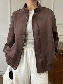 DAZY Solid Color Loose Fit High Neck Long Sleeve Zipper Suede Jacket Casual Streetwear Vacation Spring Autumn Women Regular Jacket - Coffee Brown - View 7