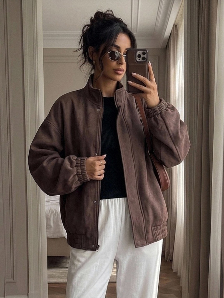 DAZY Solid Color Loose Fit High Neck Long Sleeve Zipper Suede Jacket Casual Streetwear Vacation Spring Autumn Women Regular Jacket - Coffee Brown - View 8