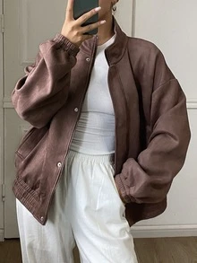 DAZY Solid Color Loose Fit High Neck Long Sleeve Zipper Suede Jacket Casual Streetwear Vacation Spring Autumn Women Regular Jacket - Coffee Brown - View 3