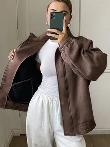 DAZY Solid Color Loose Fit High Neck Long Sleeve Zipper Suede Jacket Casual Streetwear Vacation Spring Autumn Women Regular Jacket - Coffee Brown - View 4