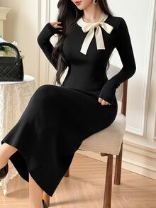 DAZY Patchwork Contrast Color Ruffle Collar Slim Fit Long Sleeve Maxi Elegant Party Vacation Korean Style Autumn Winter Women Sweater Dress - Black - View 9