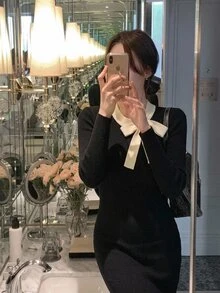 DAZY Patchwork Contrast Color Ruffle Collar Slim Fit Long Sleeve Maxi Elegant Party Vacation Korean Style Autumn Winter Women Sweater Dress - Black - View 2