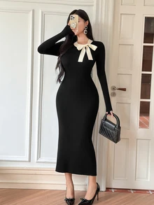 DAZY Patchwork Contrast Color Ruffle Collar Slim Fit Long Sleeve Maxi Elegant Party Vacation Korean Style Autumn Winter Women Sweater Dress - Black - View 8