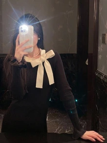 DAZY Patchwork Contrast Color Ruffle Collar Slim Fit Long Sleeve Maxi Elegant Party Vacation Korean Style Autumn Winter Women Sweater Dress - Black - View 1