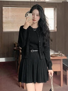 DAZY Set Cardigan Rajut Lengan Panjang Kancing Tunggal dan Gaun Rajut Tanpa Lengan Warna Polos untuk Wanita - Grey - View 1
