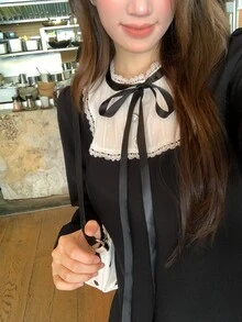DAZY Women's Colorblock Patchwork Neckline Tie Mini Dress - Black - View 4