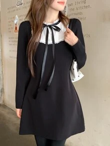 DAZY Women's Colorblock Patchwork Neckline Tie Mini Dress - Black - View 6