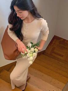 DAZY Women's Solid Color Casual Daily Knit Dress - Apricot - View 7