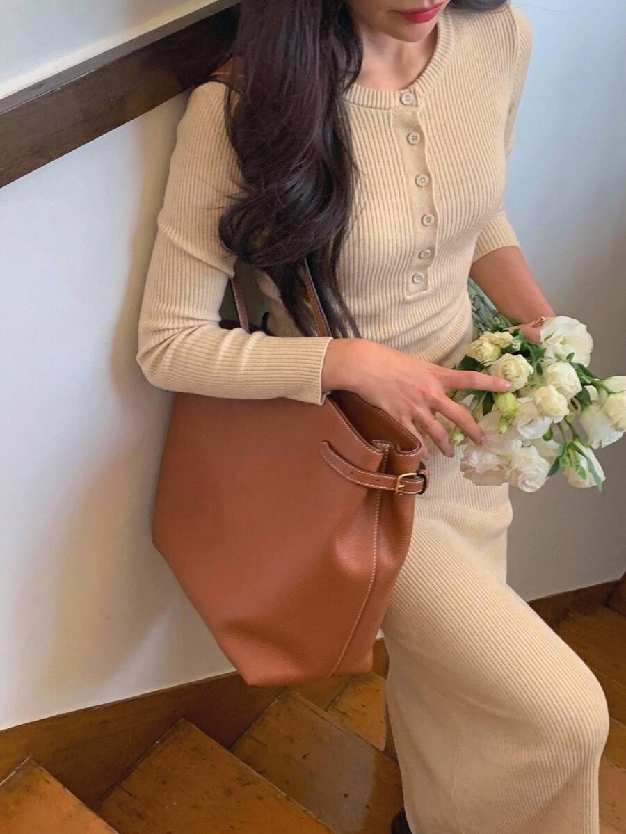 DAZY Women's Solid Color Casual Daily Knit Dress - Apricot - View 1