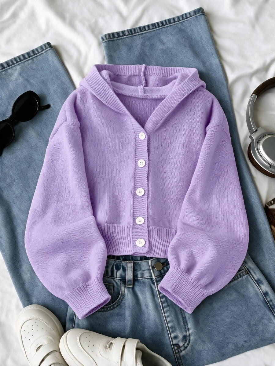 SHEIN Girls' Purple Knit Cardigan Sweater,Autumn Casual Sunday Back-To-School Fashionable Hooded Short Solid Color Button Front Jumper Jacket For Tweens