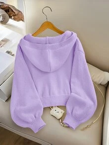 SHEIN Girls' Purple Knit Cardigan Sweater,Autumn Casual Sunday Back-To-School Fashionable Hooded Short Solid Color Button Front Jumper Jacket For Tweens - Purple - View 3