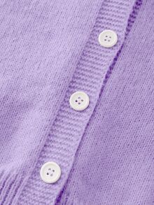 SHEIN Girls' Purple Knit Cardigan Sweater,Autumn Casual Sunday Back-To-School Fashionable Hooded Short Solid Color Button Front Jumper Jacket For Tweens - Purple - View 7