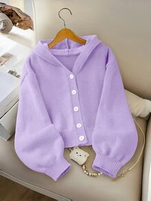 SHEIN Girls' Purple Knit Cardigan Sweater,Autumn Casual Sunday Back-To-School Fashionable Hooded Short Solid Color Button Front Jumper Jacket For Tweens - Purple - View 4