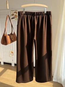 Comfortcana Plus Size Solid Color Button Closure Casual Wide Leg Pants With Belt In Fall/Winter - Brown - View 3
