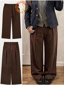 Comfortcana Plus Size Solid Color Button Closure Casual Wide Leg Pants With Belt In Fall/Winter - Brown - View 5