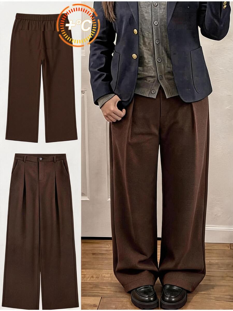 Comfortcana Plus Size Solid Color Button Closure Casual Wide Leg Pants With Belt In Fall/Winter - Brown - View 1