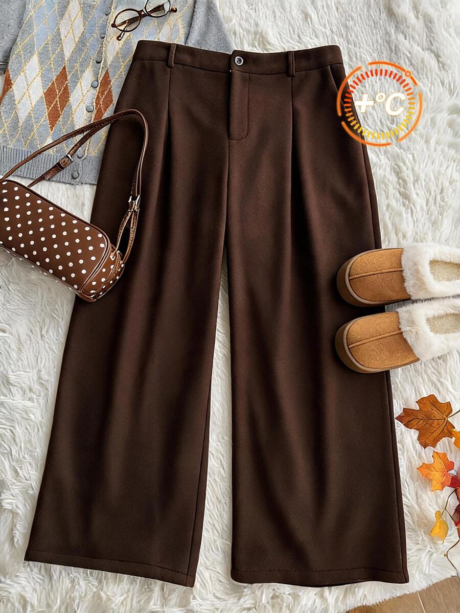 Comfortcana Plus Size Solid Color Button Closure Casual Wide Leg Pants With Belt In Fall/Winter - Brown - View 1