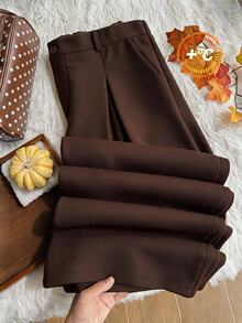 Comfortcana Plus Size Solid Color Button Closure Casual Wide Leg Pants With Belt In Fall/Winter - Brown - View 4