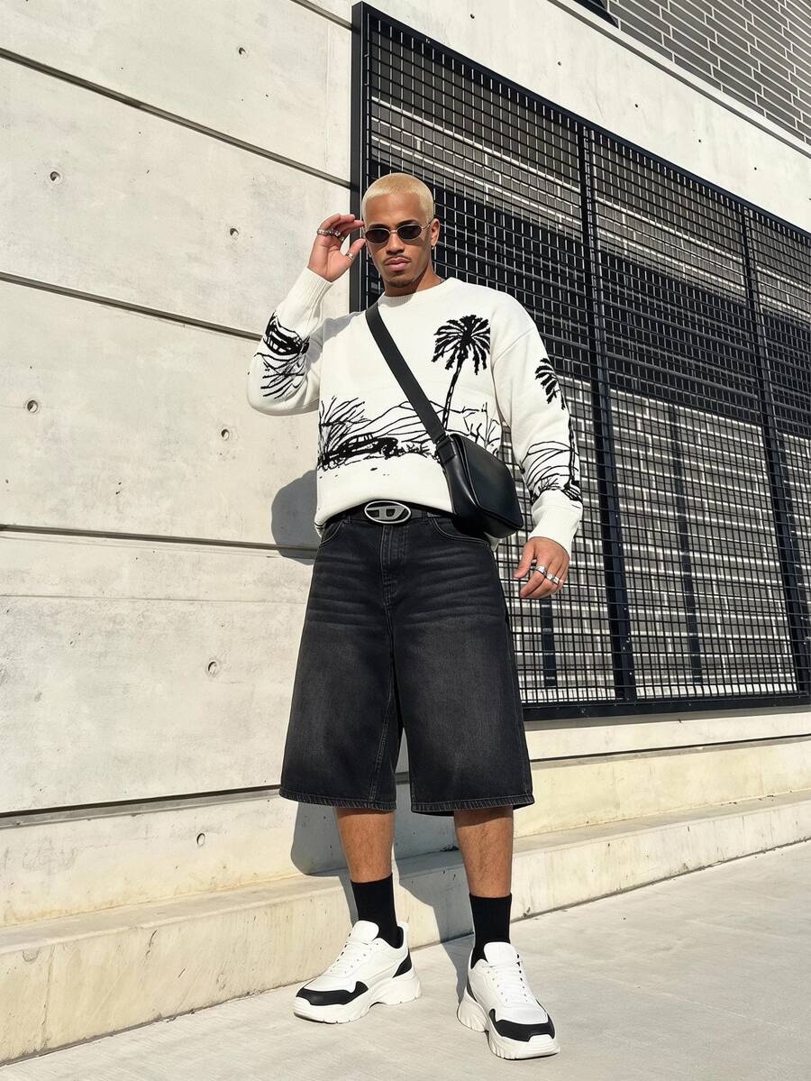 Manfinity LEGND Men's Fashion Crew Neck Long Sleeve Pullover Sweater With Graphic Color Block Details, Casual Daily Wear, For Going Out, Friends - Multicolor - View 1