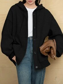 Dazy-Less Women's Casual Loose Fit Hooded Sweatshirt, Solid Black Color, Street Style, Thermal Lined, Fall/ Hoodies Travel - Black - View 2