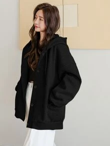 Dazy-Less Women's Casual Loose Fit Hooded Sweatshirt, Solid Black Color, Street Style, Thermal Lined, Fall/ Hoodies Travel - Black - View 7