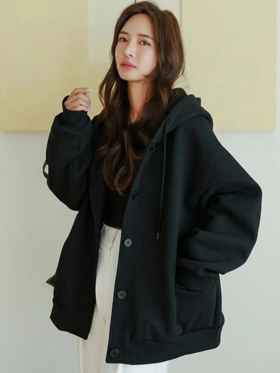 Dazy-Less Women's Casual Loose Fit Hooded Sweatshirt, Solid Black Color, Street Style, Thermal Lined, Fall/ Hoodies Travel - Black - View 1