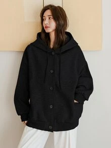 Dazy-Less Women's Casual Loose Fit Hooded Sweatshirt, Solid Black Color, Street Style, Thermal Lined, Fall/ Hoodies Travel - Black - View 4