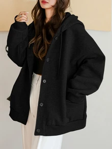 Dazy-Less Women's Casual Loose Fit Hooded Sweatshirt, Solid Black Color, Street Style, Thermal Lined, Fall/ Hoodies Travel - Black - View 6