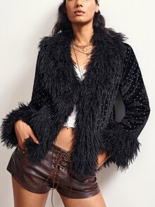 Bohemela Women's Black And White Polka Dot Fashion Versatile Autumn Plush Patchwork Cardigan Night Elegant Streetwear Sexy /Winter Halloween - Black - View 4