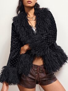 Bohemela Women's Black And White Polka Dot Fashion Versatile Autumn Plush Patchwork Cardigan Night Elegant Streetwear Sexy /Winter Halloween - Black - View 2