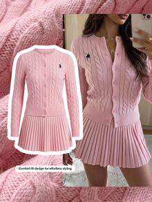 Comfortcana Setelan 2 Potong Cardigan & Rok Rajut Kabel Wanita Warna Pink Gaya Y2K - Berwarna merah muda - View 1